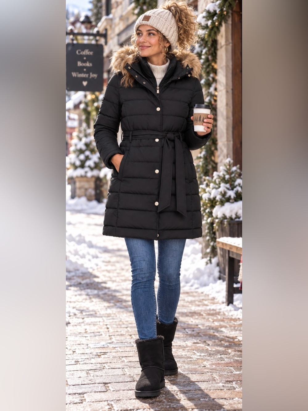 NWT Tommy Hilfiger Belted Faux Fur Trim Hooded Puffer Coat